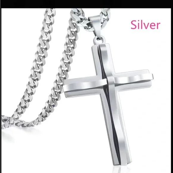 Silver Large Unisex Cross Necklace with Thick Chain - Picture 2 of 4